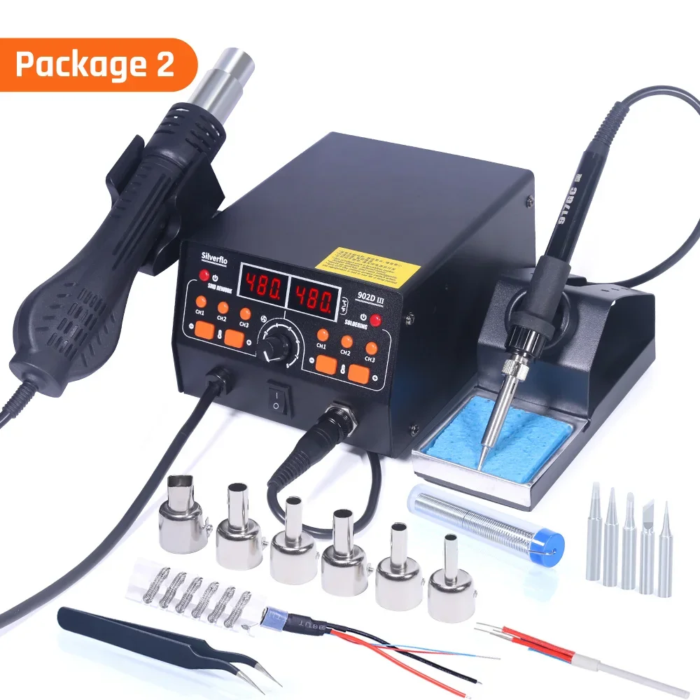 Silverflo 902D-III Welding Station 750W Hot Air Soldering Station with 3 Preset Channels,Sleep Mode, C/F Swith for SMD Rework