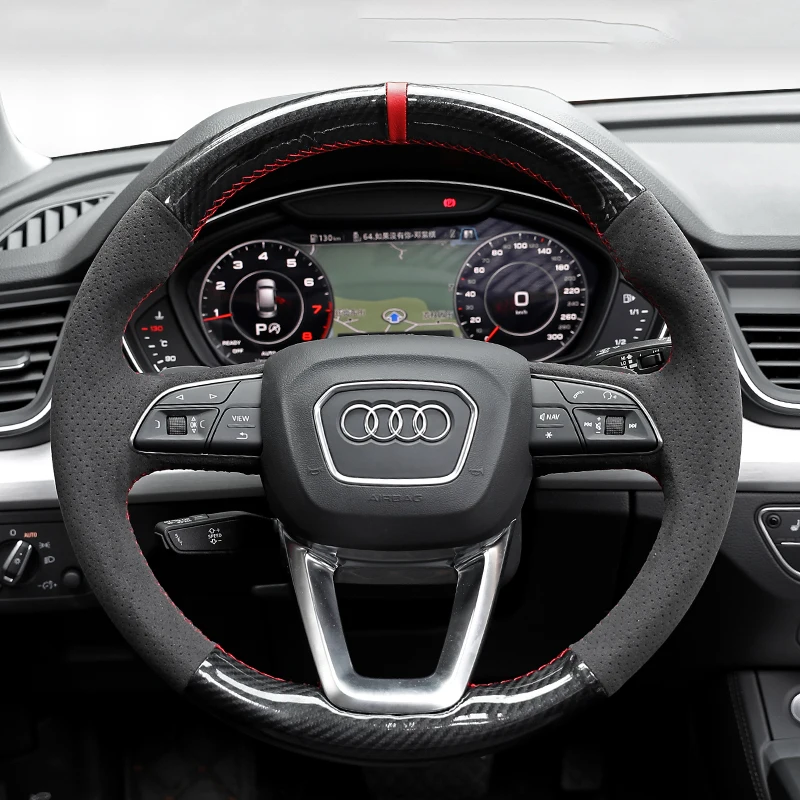 Black Suede Carbon Fiber Car Steering Wheel Cover For Audi A4 Allroad 2017-2018 / Q3 2019 / Q5 2018-2019 DIY Hand-stitched
